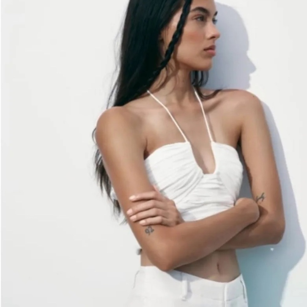 Zara Oyster White Draped Halter Crop